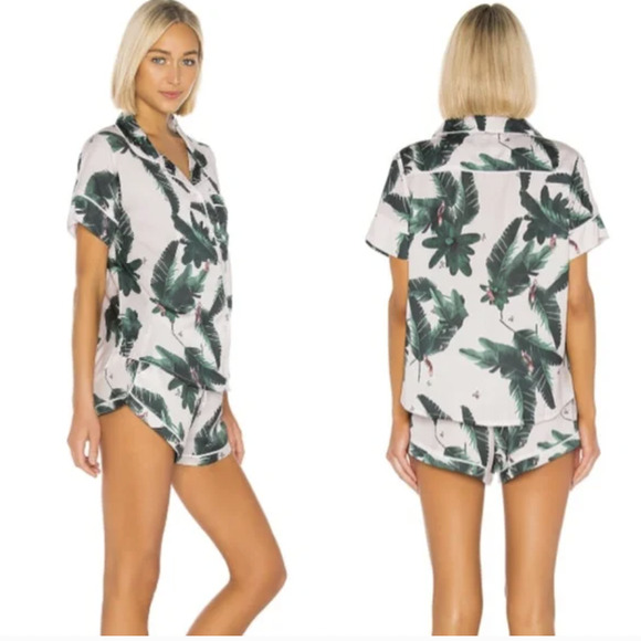 NEW Revolve Plush Apparel Tropical Pink Jungle Silky Pajama PJs Set Shorts XS - Picture 3 of 11